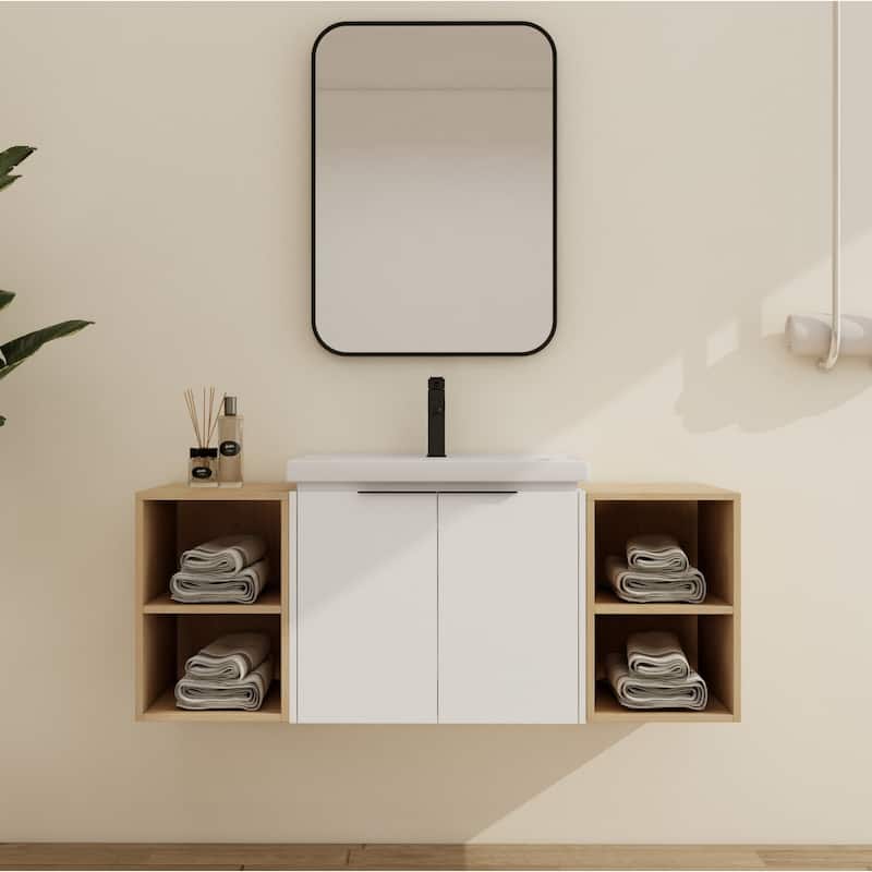 Malwee 24"/36"/48"/60" Floating Bathroom Vanity, Wall Mounted Bathroom Vanity with Ceramic Sink,Soft Close Door and Shelf - 47.8"×18.5"×20.7"