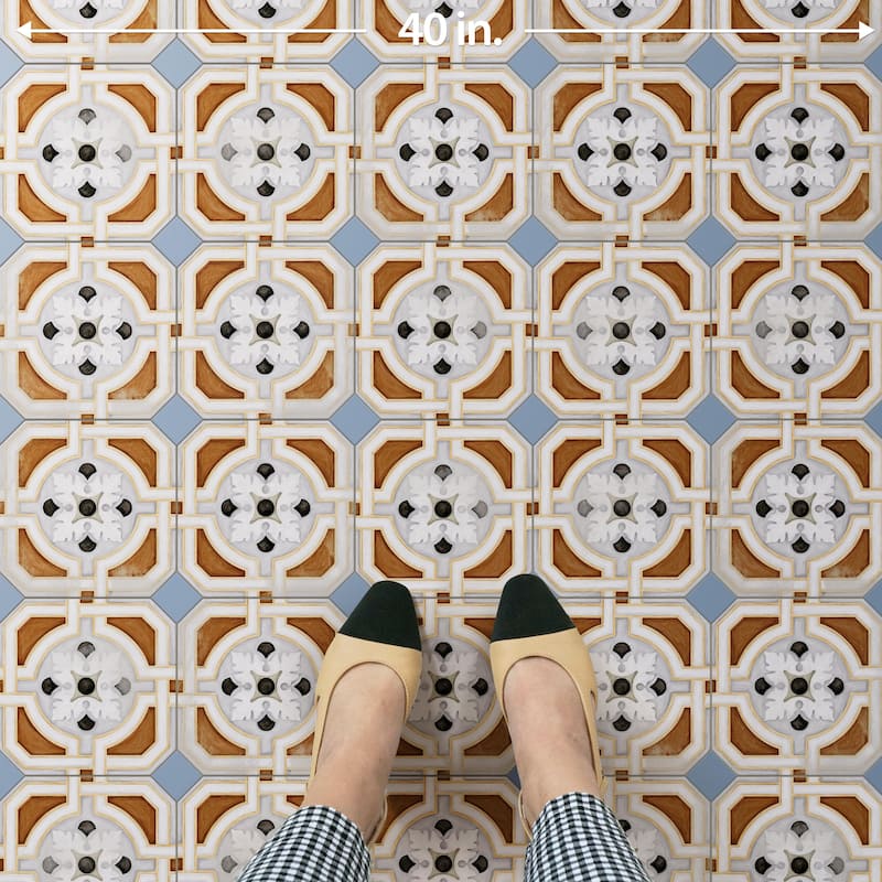 Merola Tile Vaudeville Octagon Deco Zimer with Taco Azzuro 7-7/8" x 7-7/8" Porcelain Floor and Wall Tile