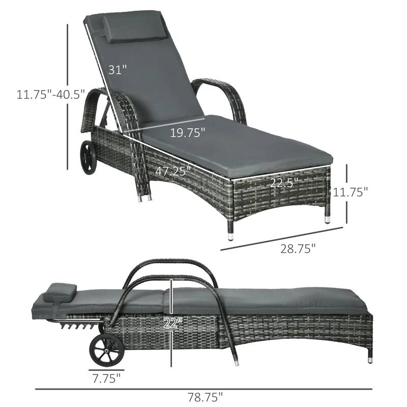 Wicker Chaise Lounge Chair with Adjustable Rattan Recliner, Cushion