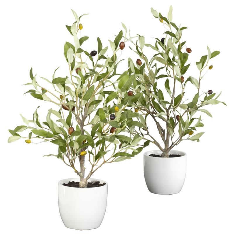 Set of 2 Artificial Silk Olive Tree with White Vase 18"