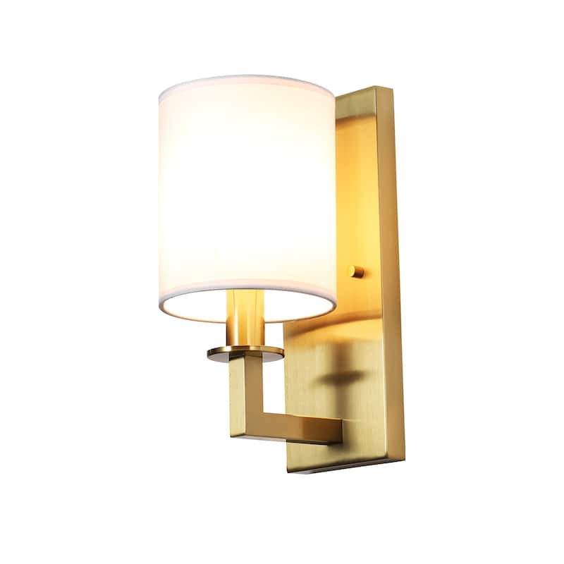1-Light 5.5" W Modern Gold Cylinder Metal Flush Mount Wall Sconce/Bathroom Vanity Light with White Fabric Shade