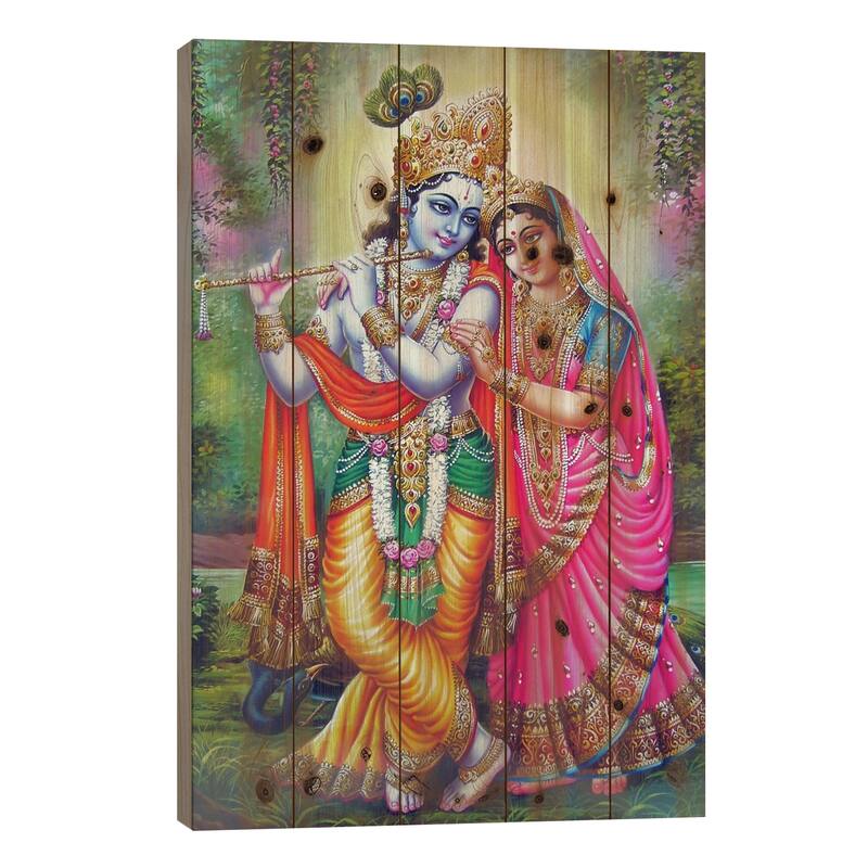 Krishna & Radha Hindu Gods Print On Wood by Unknown Artist - Multi-Color - 26x18x1.5