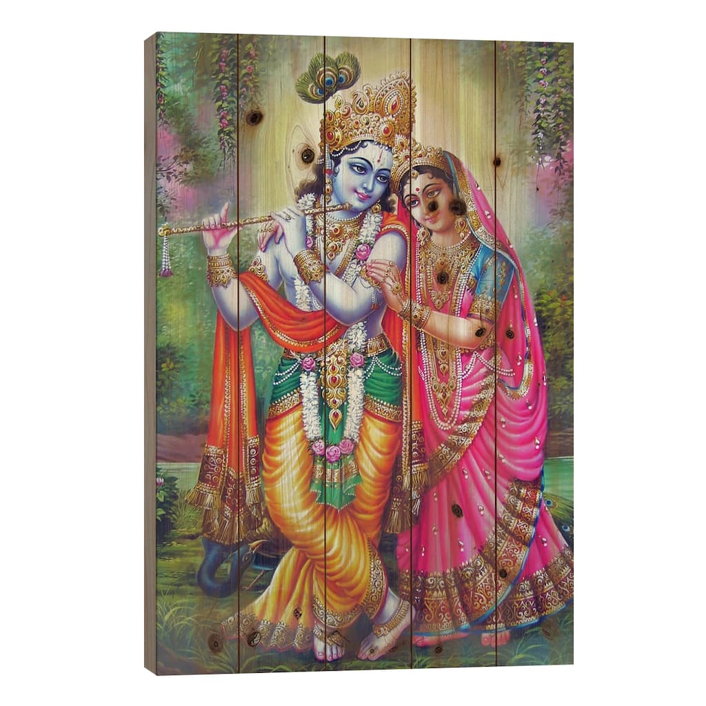 Krishna & Radha Hindu Gods Print On Wood by Unknown Artist - Multi-Color