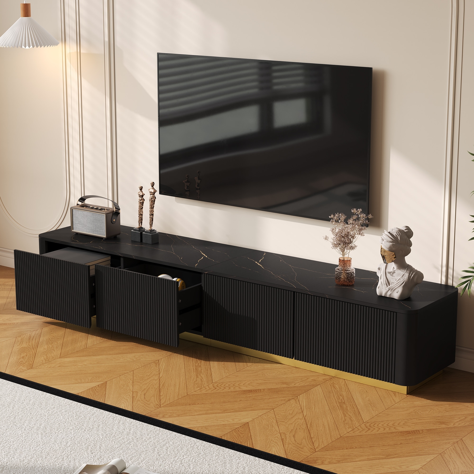 Modern Fluted TV Stand for TVs Up to 85", Faux Marble Tabletop Media Console with 4 Drawers, Curved Profile Design