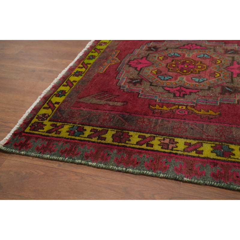 Hand Knotted Oriental 100% Wool Carpet Traditional Geometric Pink Heriz Runner Rug - 12' 10'' X 3' 2''