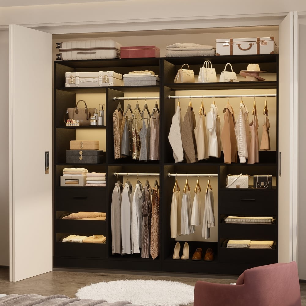 Qvella 72'' Closet System with 6 Wooden Drawers and 4 Hanging Rods, Walk-in Closet Organizer with 10 Storage Shelves