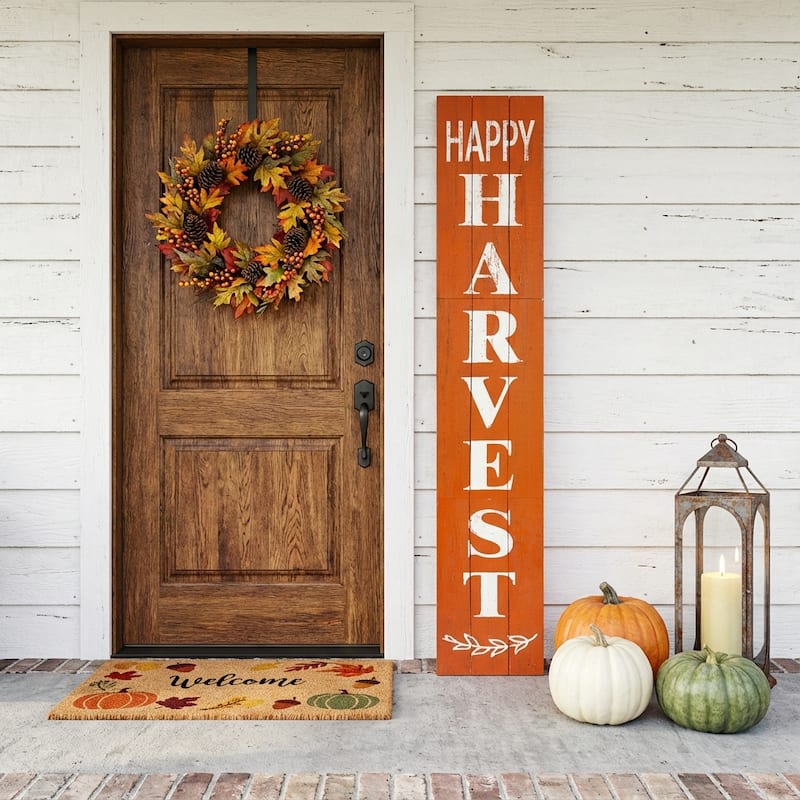 HomeRoots 72" Orange And White Solid Wood Happy Harvest Porch Sign