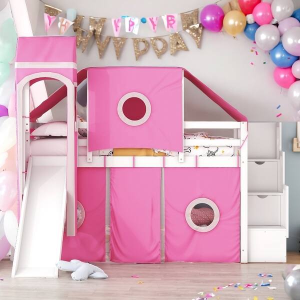 slide 2 of 16, Modern Twin Size Loft Bed With Tent And Tower,Playhouse Inspired,Solid Construction Pink