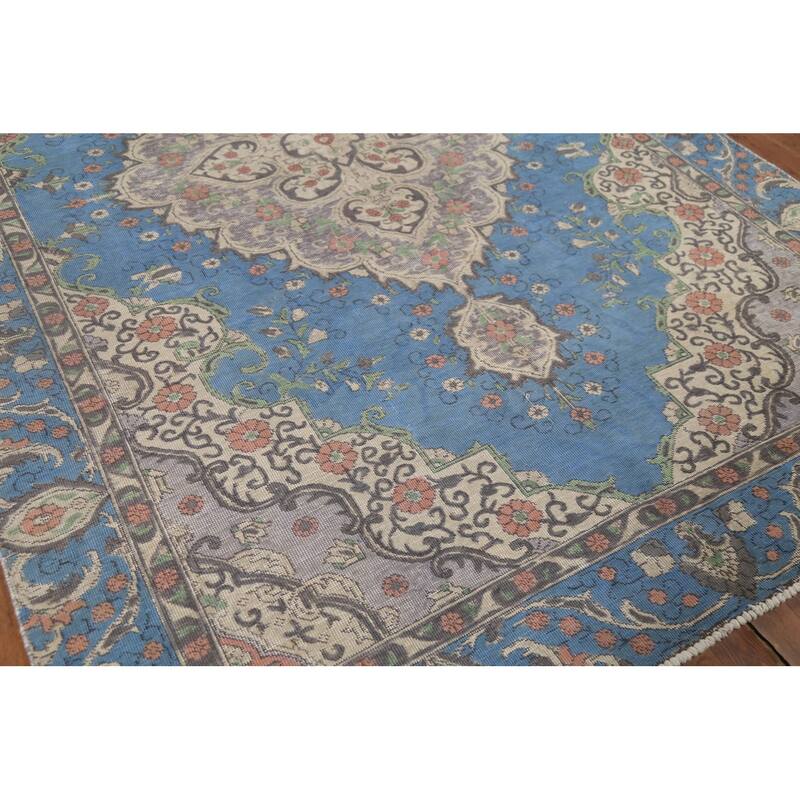 Distressed Blue Tabriz Persian Vintage Rug Hand-Knotted Wool Carpet - 6'10"x 10'8"