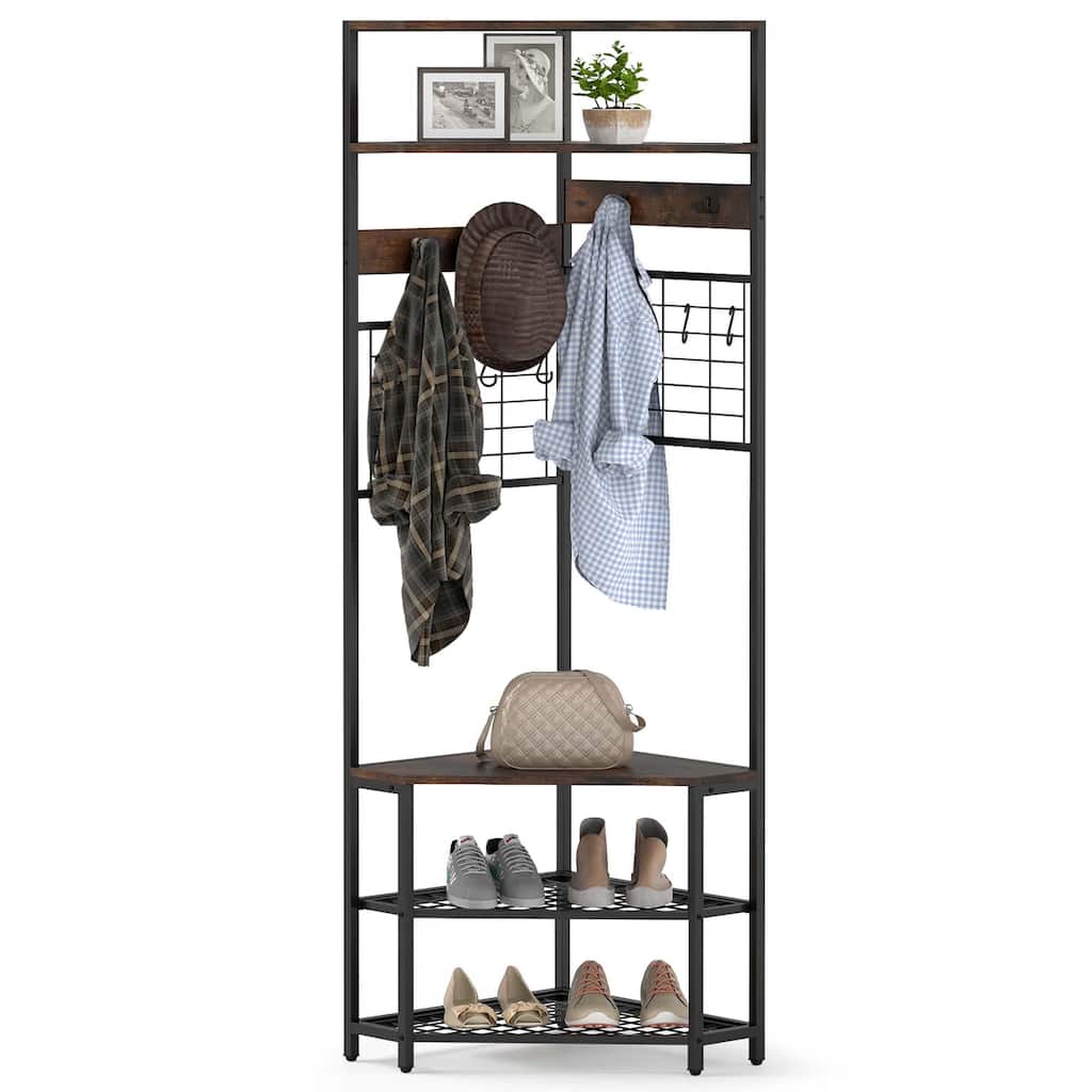 Gymax 5-Tier Corner Hall Tree w/ Shoe Storage Bench 12 Metal Hooks for