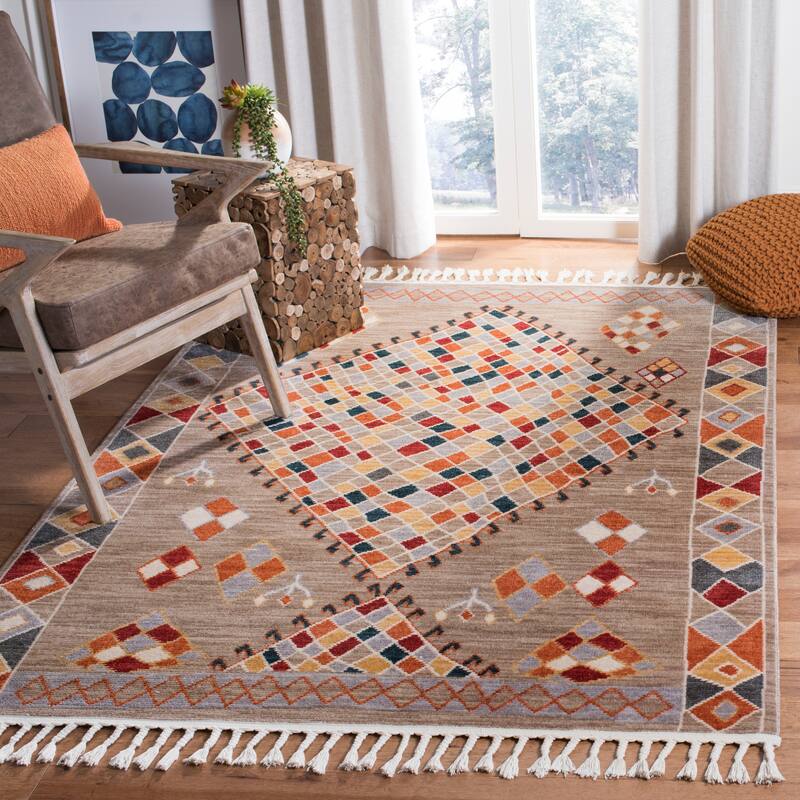 SAFAVIEH Farmhouse Delja Boho Tribal Polyester Rug - 3' x 5' - Taupe/Navy