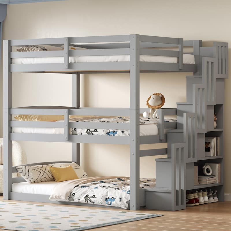 Full Size Triple Bunk Bed with Storage Staircase, Separate Design for Multiple Sleepers