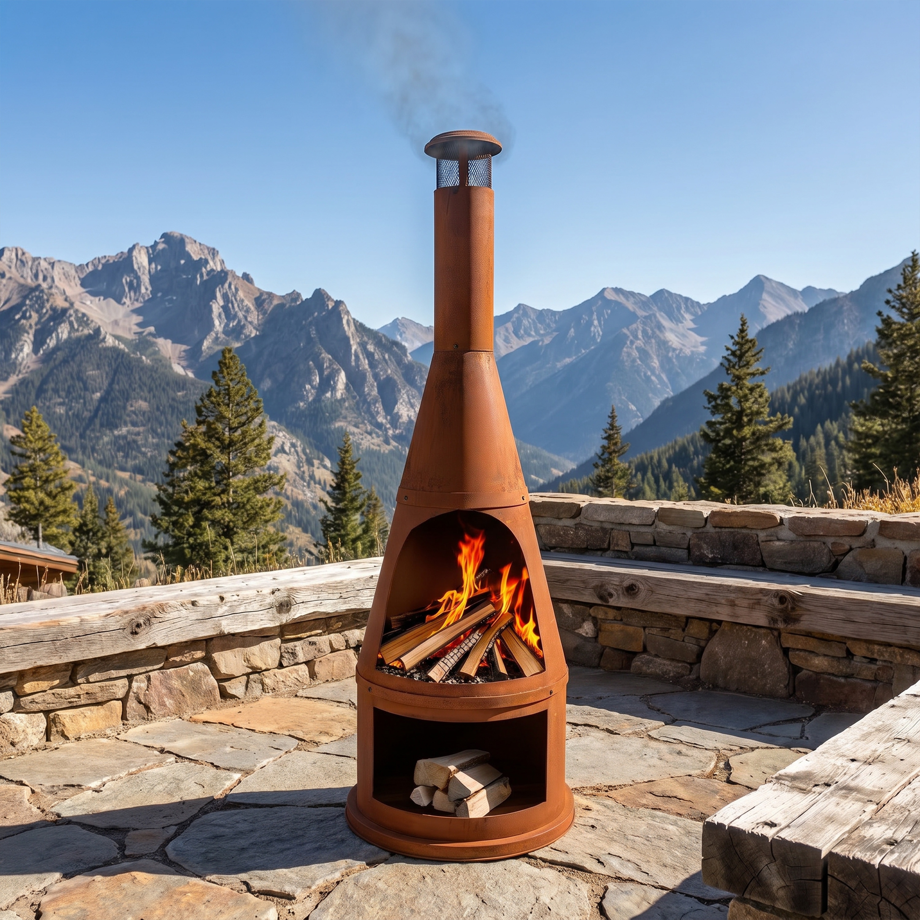 Sunjoy Outdoor Wood Burning with Chimney, Log Holders, Fireplace