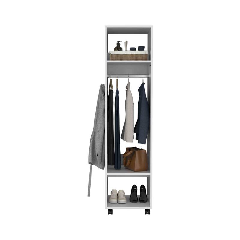 15.7" Modern Mirrored Armoire with Three Shelves, Casters and Hanging Rod