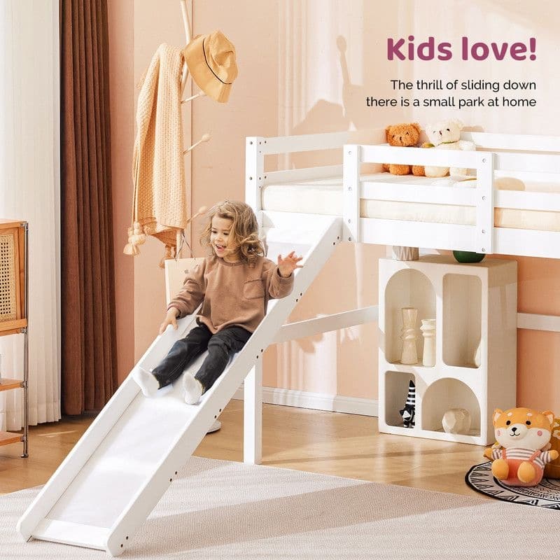 Loft Bed with Slide, Twin, Space Saving Kids Low Loft Bed with Guardrail and Ladder
