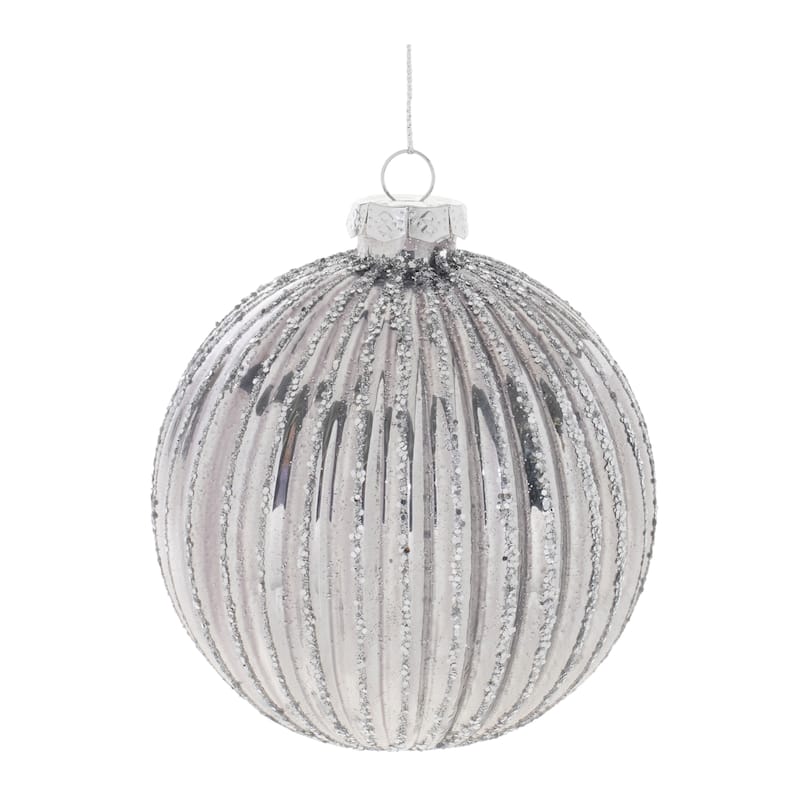 Silver Glass Glittered Ball Ornaments Set of 6 with Ribbed and Harlequin Textures - 3.75” x 3.75” x 4” (L x W x H)