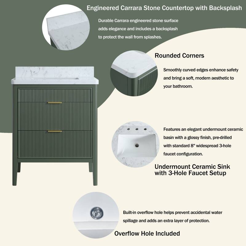 Modland 30" Freestanding Bathroom Vanity with Carrara Marble Top - Soft-Close Drawers,Green / Grey - 30 inch