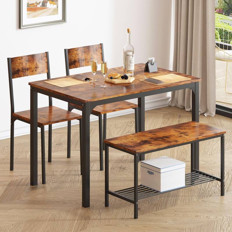 4 Person Dining Table Set, Kitchen Table Set for 4, Dining Room 2 Chairs with Backrest, 2-Person Bench with Storage Rack