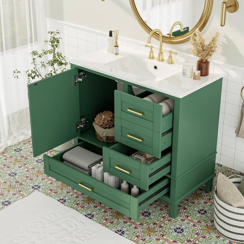 36" Bathroom Vanity with Solid Pine Frame, 1 Soft Close Door and 3 Drawers, Modern Storage Cabinet - Green