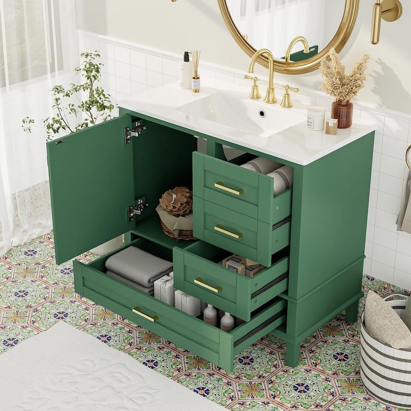 GDFStudio - Aurea Wood & Ceramic 36" Bathroom Vanity with Sink, Soft-Close Door & 3 Drawers