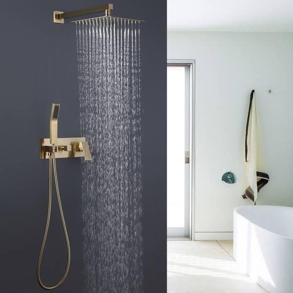 slide 2 of 9, Luxury Brushed Gold 10'' Complete Rain Shower System with High Pressure Handheld Spray