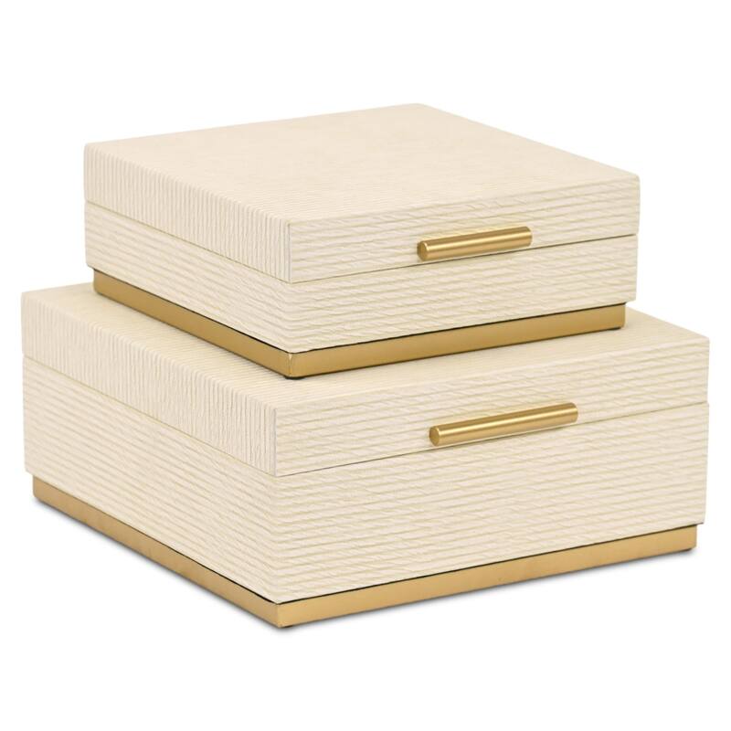 Eira Set of 2 Square Decorative Storage Boxes - Retro Stripe Pattern with Gold Hardware