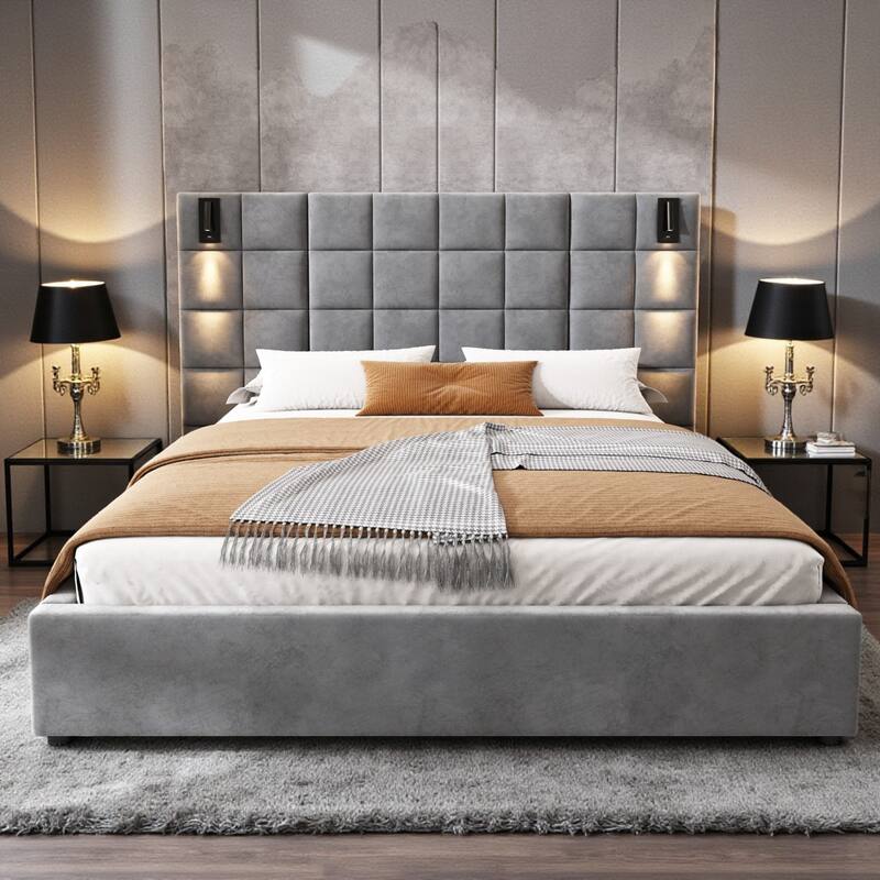 Velvet Upholstered Bed Frame with Wide Headboard, Wall Sconce with USB Port, No Box Spring Needed - Grey - Queen