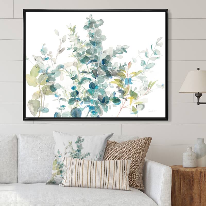 Designart "Eucalyptus Natural Element" Farmhouse Framed Canvas - Blue - 32 in. wide x 16 in. high - Black
