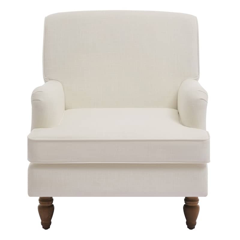 Upholstered Linen Fabric Armchair with Antique Solid Wood Legs