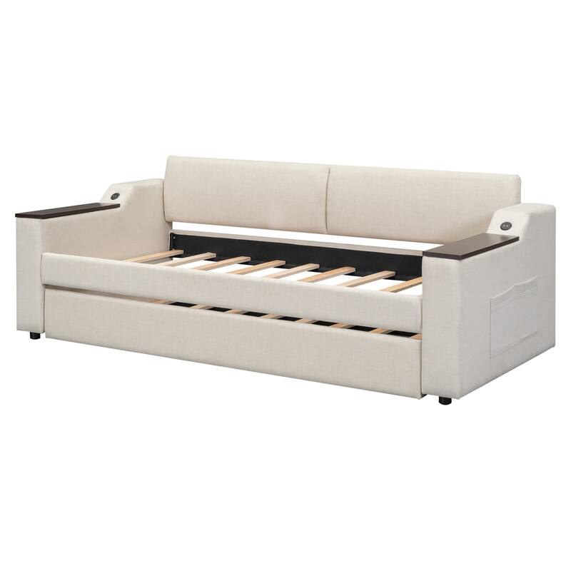Twin Size Upholstery Daybed with Storage Arms, Trundle and USB Design