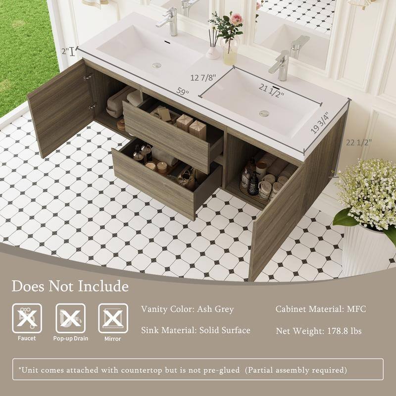 ABRUZZO 60" Floating Bathroom Double Vanity with Integrated Resin Top 2 Basins 2 Cabinets 2 Soft Close Drawers Full Assembly