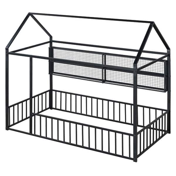 slide 2 of 72, Metal Floor House Bed Frame with Fence and Shelves Black - Twin