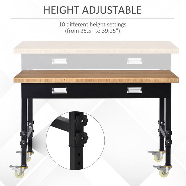 HOMCOM 47" Mobile Workbench, Bamboo Tabletop Workstation, Height Adjustable Work Table with Four Lockable Casters