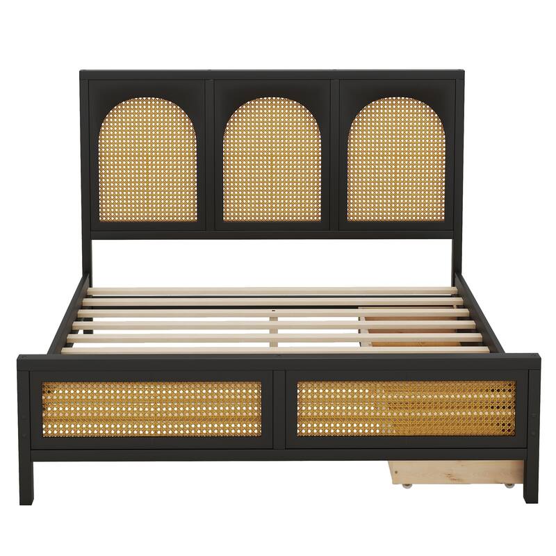 Pine Wood Platform Bed with 2 Drawers & Rattan