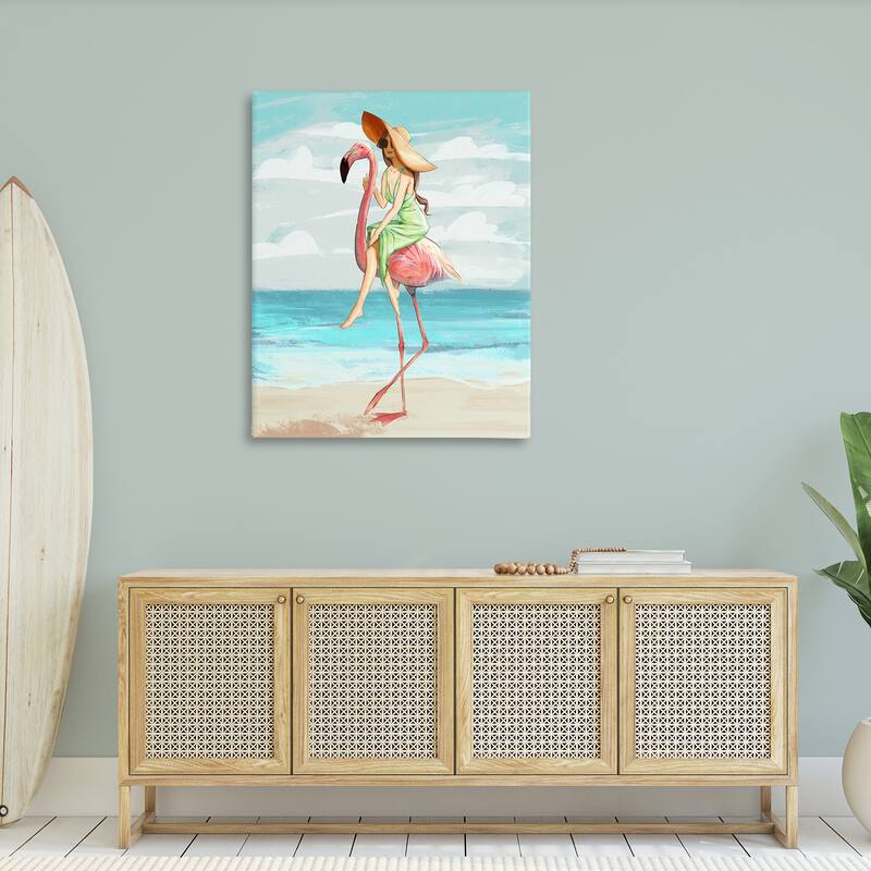 Stupell Beach Woman Riding Pink Flamingo Tall Tropical Bird Canvas Wall Art - Green