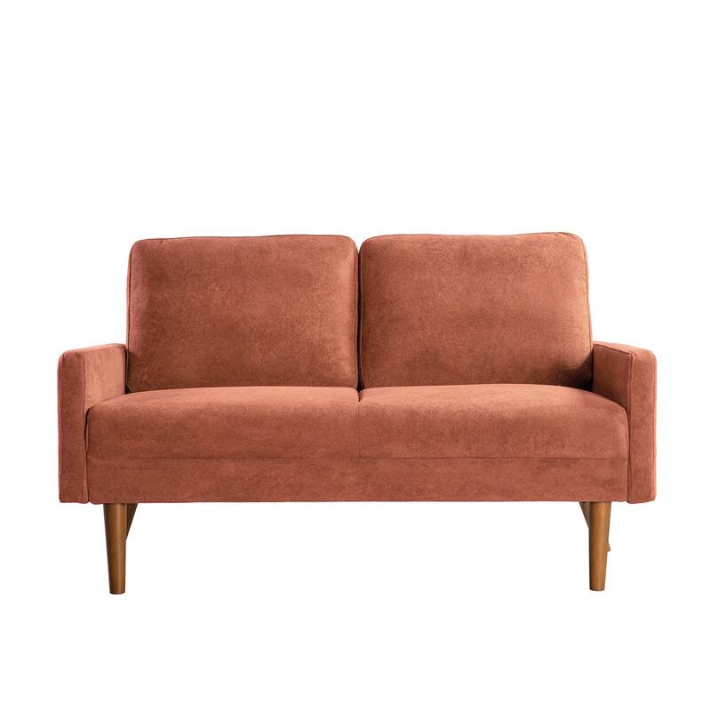 Velvet Upholstered Loveseat Sofa, Small Loveseat Sofa Couch with Rubber Wood Legs, 2 Seater Couch with Throw Pillow