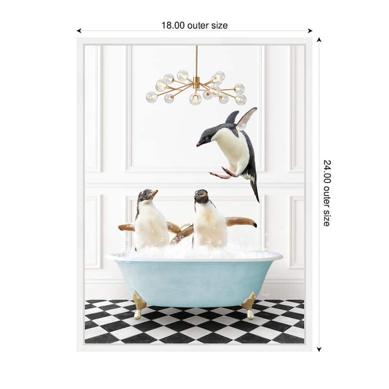 Kate and Laurel Sylvie Penguins in Blue Bathtub on Checker Floor Framed Canvas by Amy Peterson