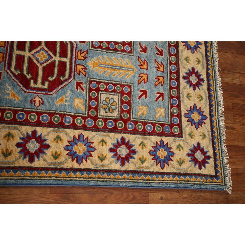 Light Blue Geometric Kazak Runner Rug Hand-Knotted Wool Carpet - 2'7" x 20'8"