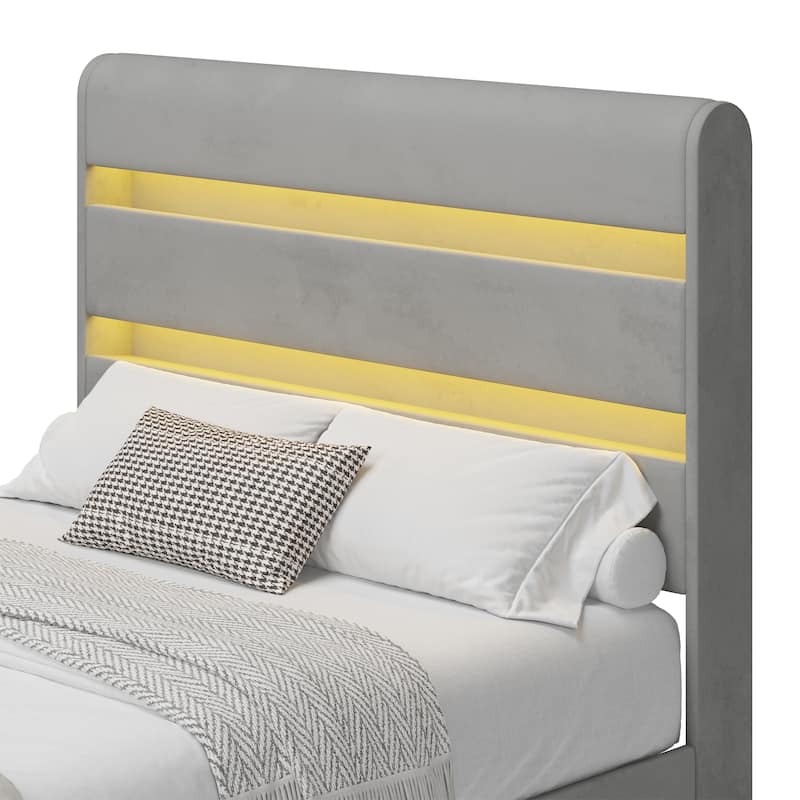 LED Storage Bed with Velvet Upholstery Headboard & Footboard, Grey Full - Grey - Full