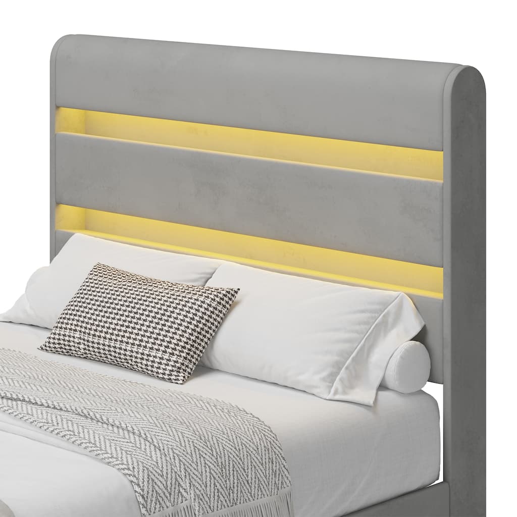 LED Storage Bed with Velvet Upholstery Headboard & Footboard, Grey Full