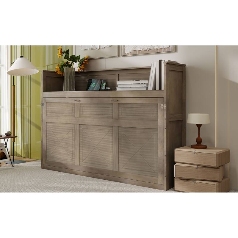 GDFStudio - Solid Wood Twin XL Murphy Bed with Desk, LED Light, USB Charging and Storage