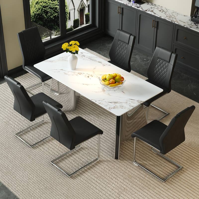 Table and chair set, Luxurious Sintered Stone Dining Table Set - 6 High-quality PU Chairs With Arched Metal Legs