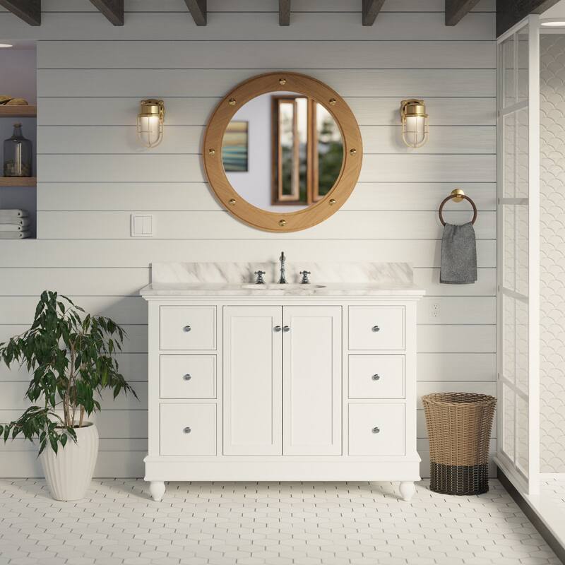 KitchenBathCollection Bella 48" Bathroom Vanity with Carrara Marble Top - White