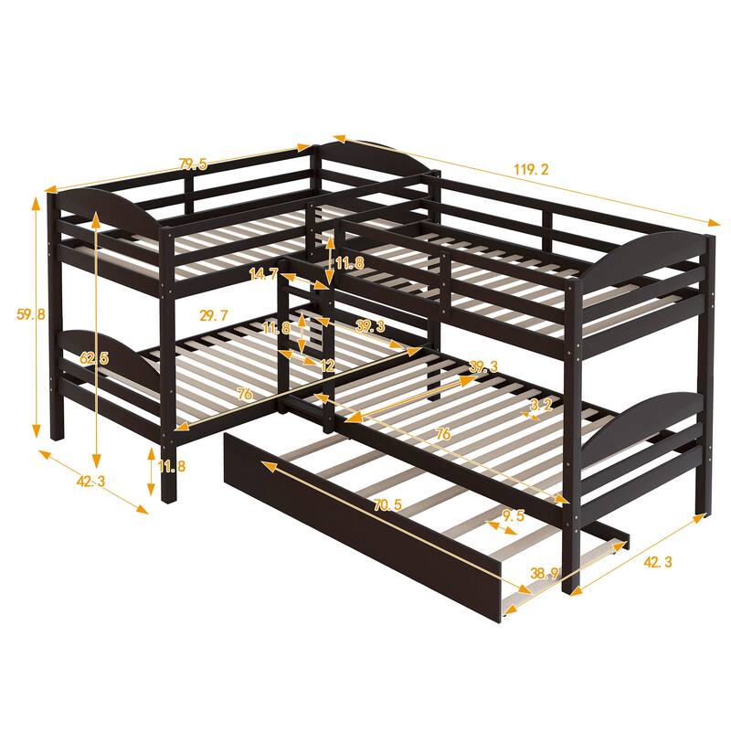 Twin LShaped Bunk Bed with Trundle, Solid Wood Bunkbeds with Safety