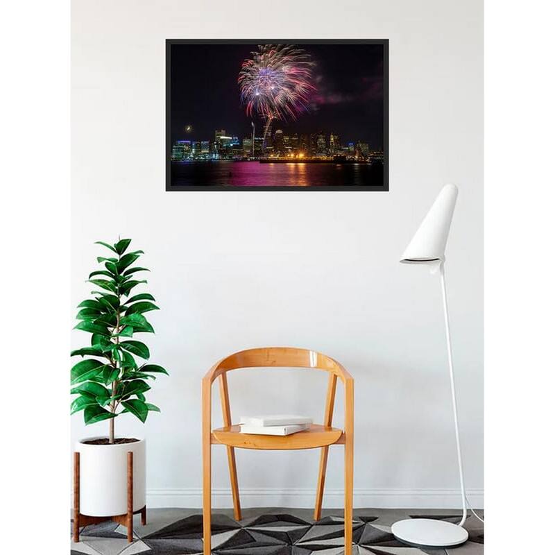 City of Boston MA Fireworks over the Harbor Photography by Wayne Collamore Framed Poster - 24 x 36 Inch
