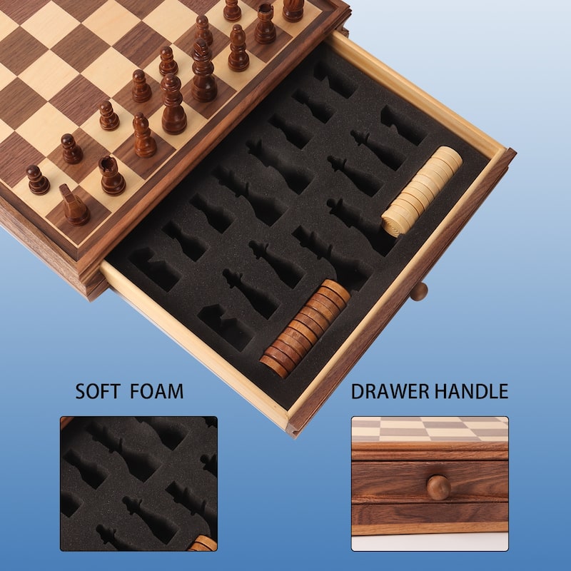 15" Large Wooden 2-in-1 Chess and Checkers Board Game Combo Set with Drawer