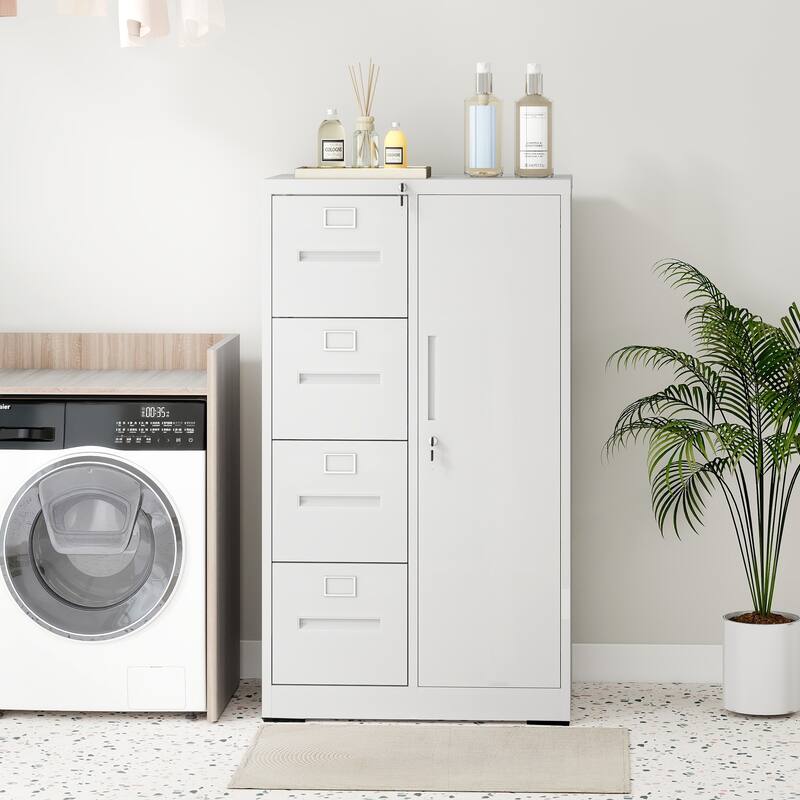 Metal Storage Vertical Filing Cabinet with Lock, Steel File Locker with 4 Drawers and 1 door for School, Living Room