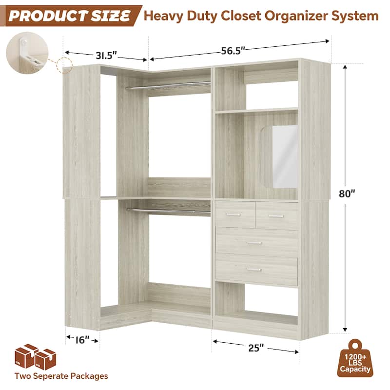 Cimly Set of 2 Corner Closet System WITH Drawers, Freestanding Closet Organizer with Hanging Rods and Shelves