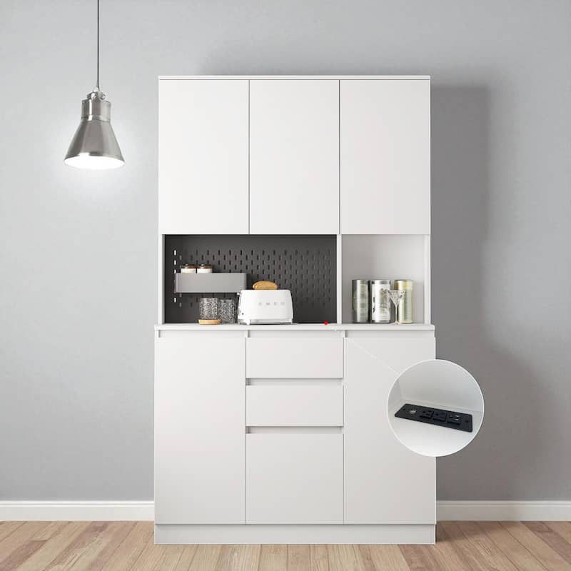 74" Modern Kitchen Pantry Cabinet with Charging Station, Microwave Stand, Drawer & Storage Cupboards
