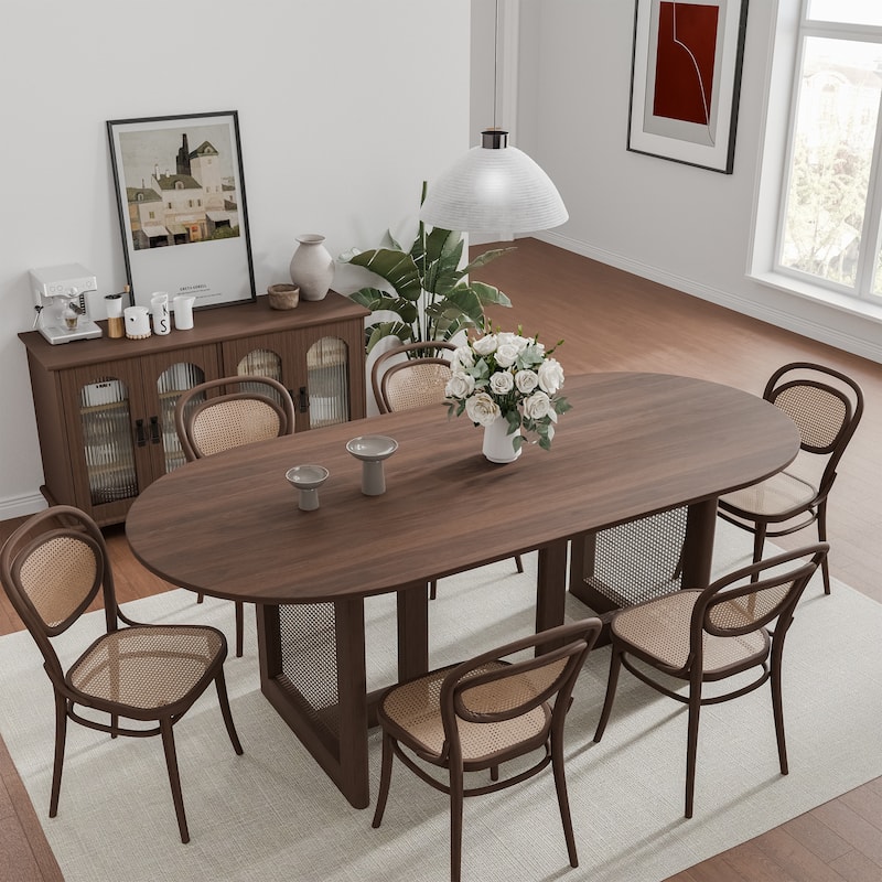 Modern Farmhouse Kitchen Dining Room Table Furniture Oval Kitchen Table with Rattan Woven Legs for Kitchen Bar Living Room - 67"x33.5" - Walnut